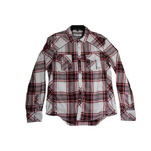 BKE Buckle L/S Red Plaid Pearl Snap Flannel Shirt Mens Large Athletic Fit